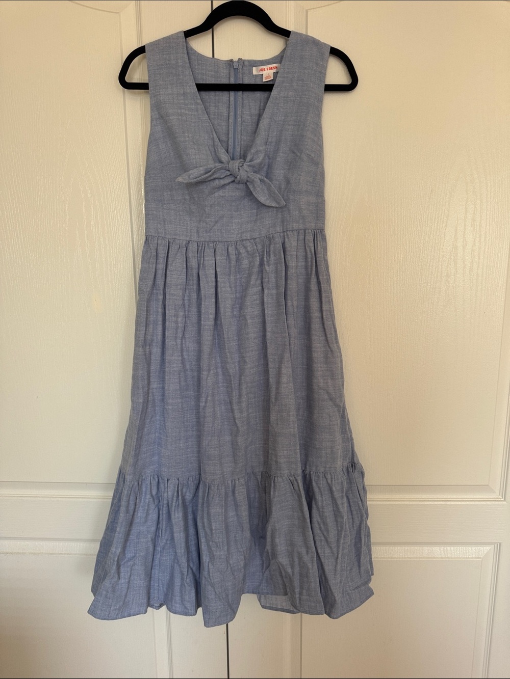 NWT Joe Fresh Sky Blue Tie-Front Sleeveless Midi Dress with side pockets - Picture 3 of 7
